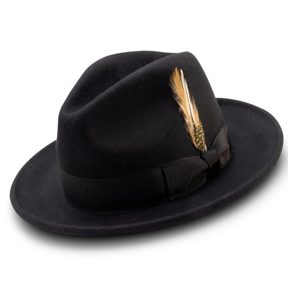 Montique BLACK Lightfelt 2 ½" Wide Brim Wool Felt Pinch Hat H-60